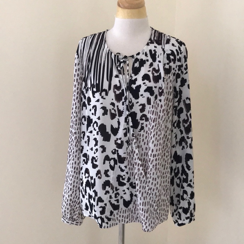 CABI Size L white with brown faux wrap long sleeve top